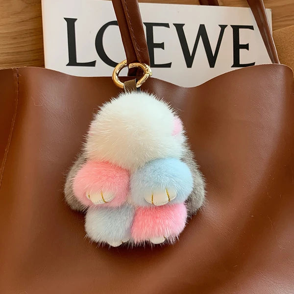 Mink Bunny Keychain Pompon Keyring Bunny For Women Bag Charms Car Key Chain Cute Rabbit Key Ring On Bag Car Trinket Pendant Gift