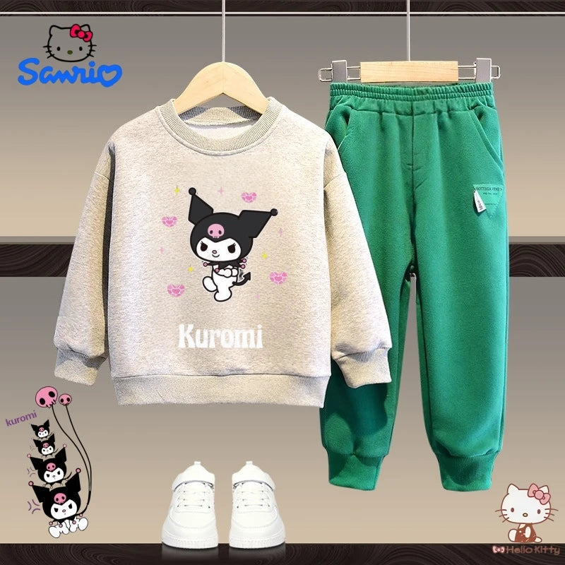 Sanrio Autumn Baby Clothes Set Kid Girls Kuromi Printed Cute Sweatshirts Pullover Top & Green Pants 2pcs Children Fashion Outfit