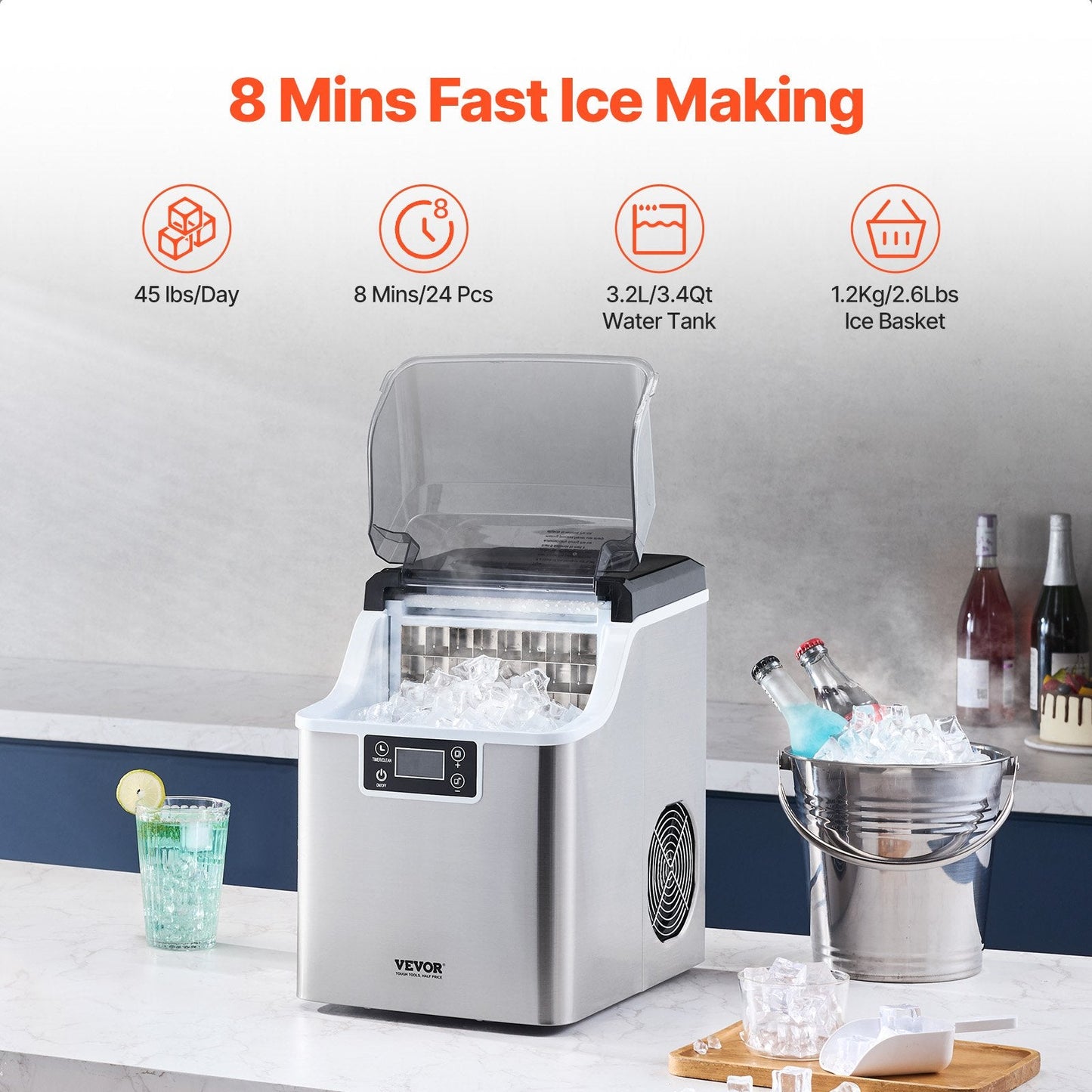 Portable Countertop Ice Maker 45Lbs/24H Self-Cleaning With Scoop