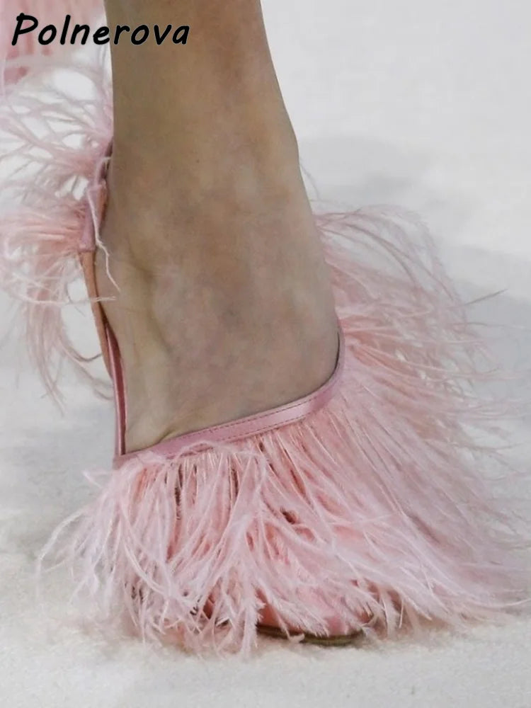 Satin Surround Feather Fringe Sandals Pointy Toe Solid Pointy Toe Stiletto Shoes Red Orange Black Summer Shallow Runway Shoes