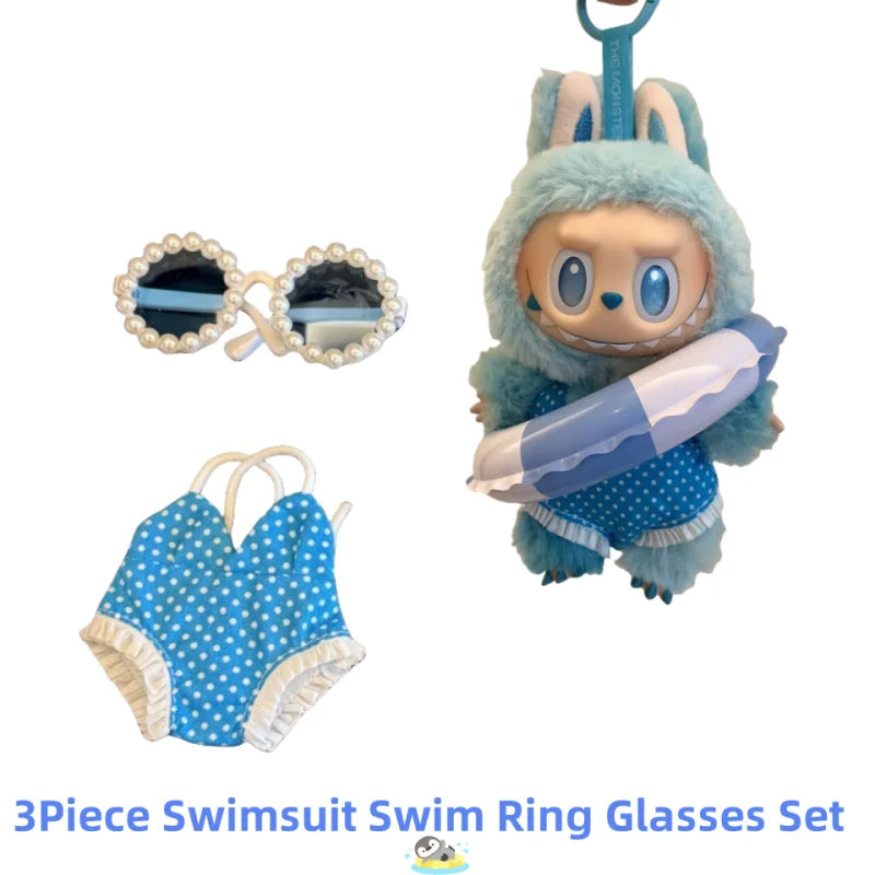 3 Piece Set Without Dolls For Labubu Vacation Set Swimsuit Swim Ring Glasses Baby Clothes Mini Labubu Specially Made Clothing