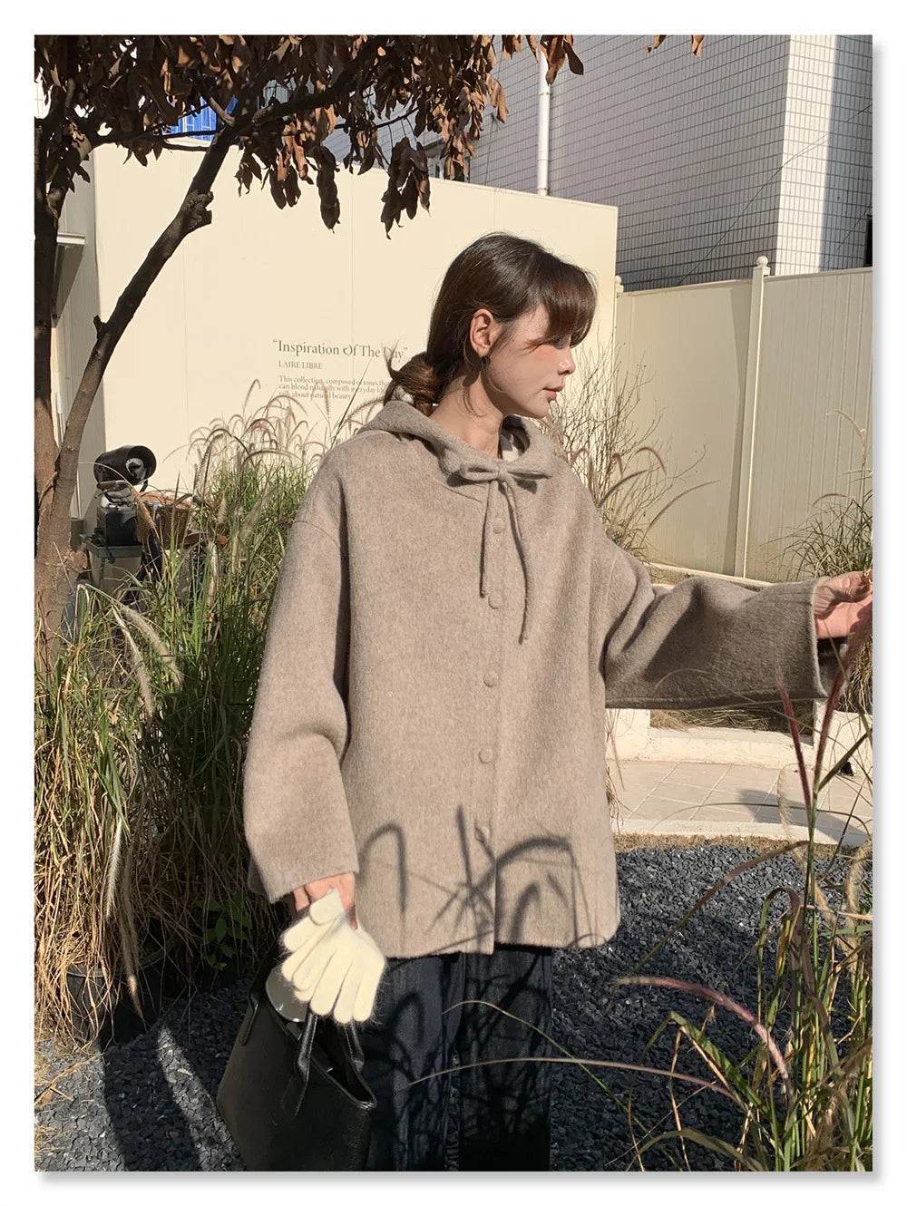 UMI MAO Woolen Coat Women Autumn Jacket New Double-Sided Wool Coat Bowknot Korean College Style Small Size Hooded Wool Coat