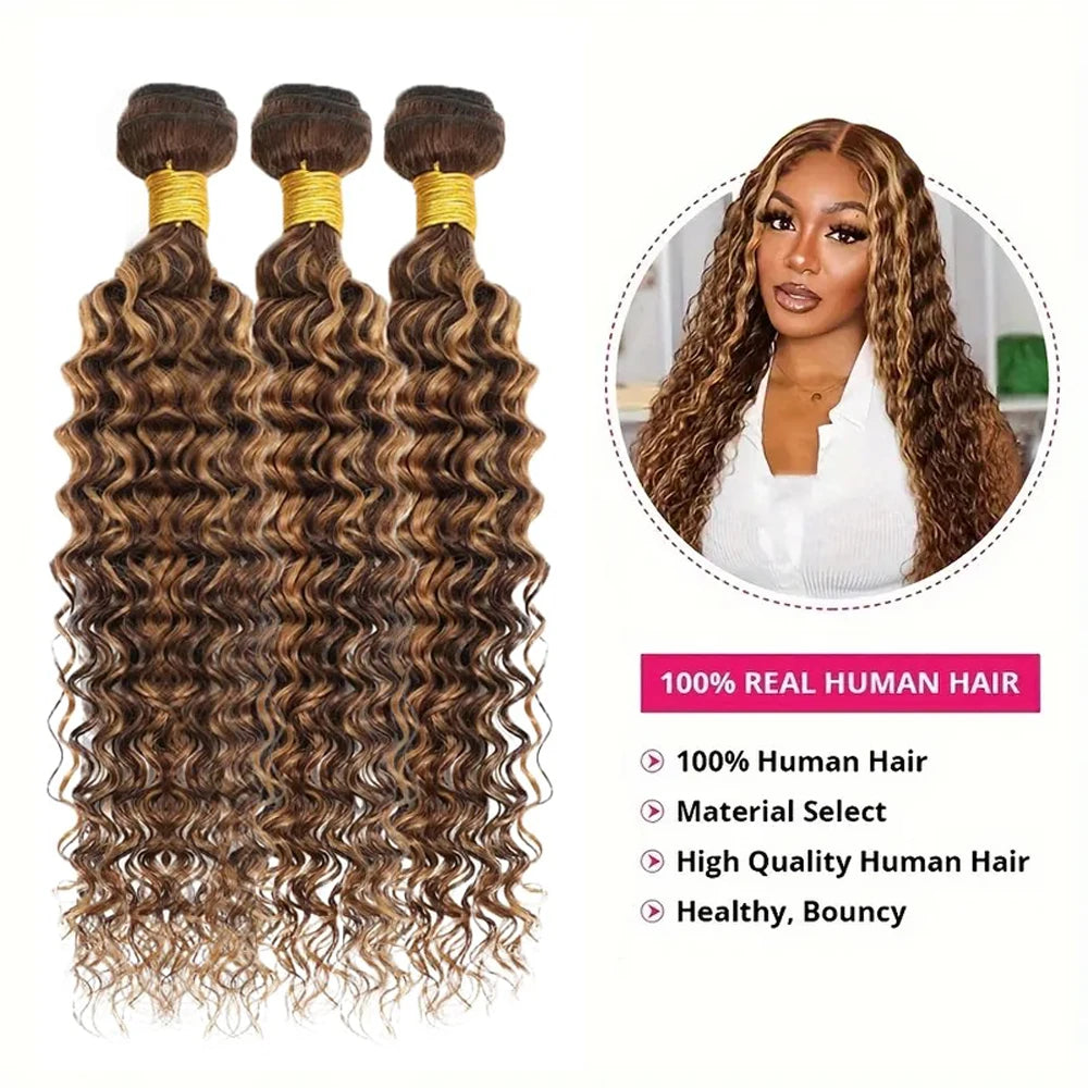 Piano Color P4/27 Highlight Curly Wave Bundles Chocolate Brown and Honey Blonde Track Mix Deep Weave Brazilian Human Hair Bundle