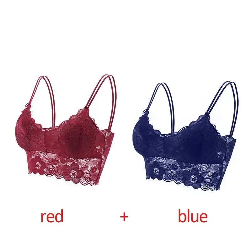 2pcs Sexy Bra Women Lace Bralette Floral Lingerie Underwear Wireless Padded Brassiere Seamless Ultra Strap Wire Free Bras Vest