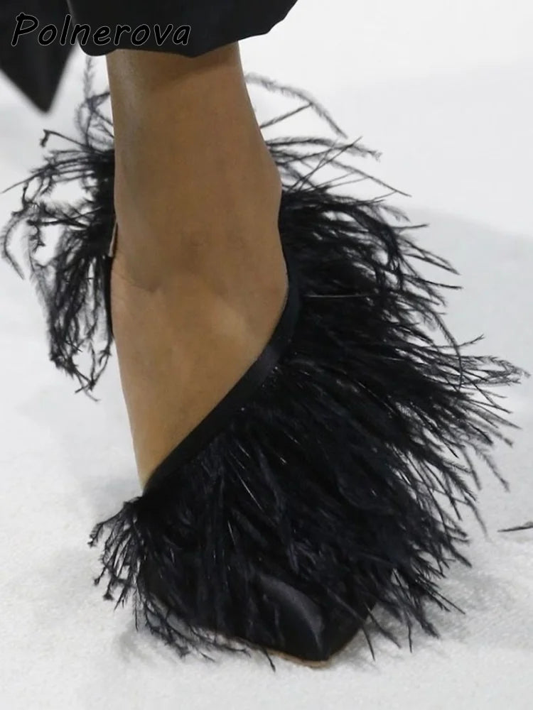 Satin Surround Feather Fringe Sandals Pointy Toe Solid Pointy Toe Stiletto Shoes Red Orange Black Summer Shallow Runway Shoes