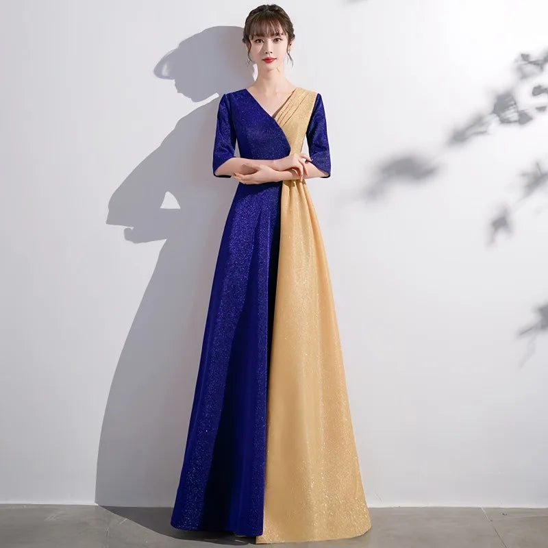 Cantata Evening Dress V-neck Folded A-line Half Sleeve Zipper Rear Bottom Long Women's Formal Party Dress