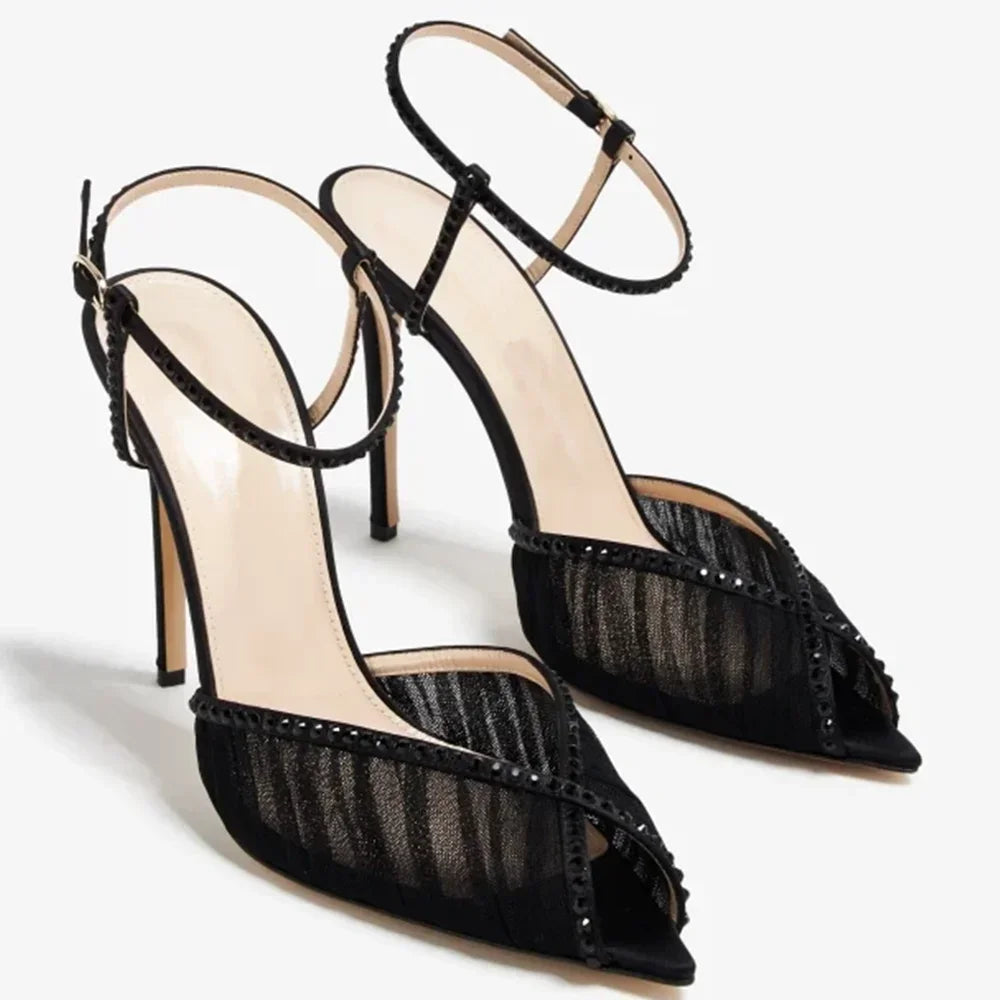 Crystal Peep Toe Ankle Buckle Strap Sandals Sexy Pointed Toe Oversize 46 Shallow New Arrials Fashion Women Modern Shoes