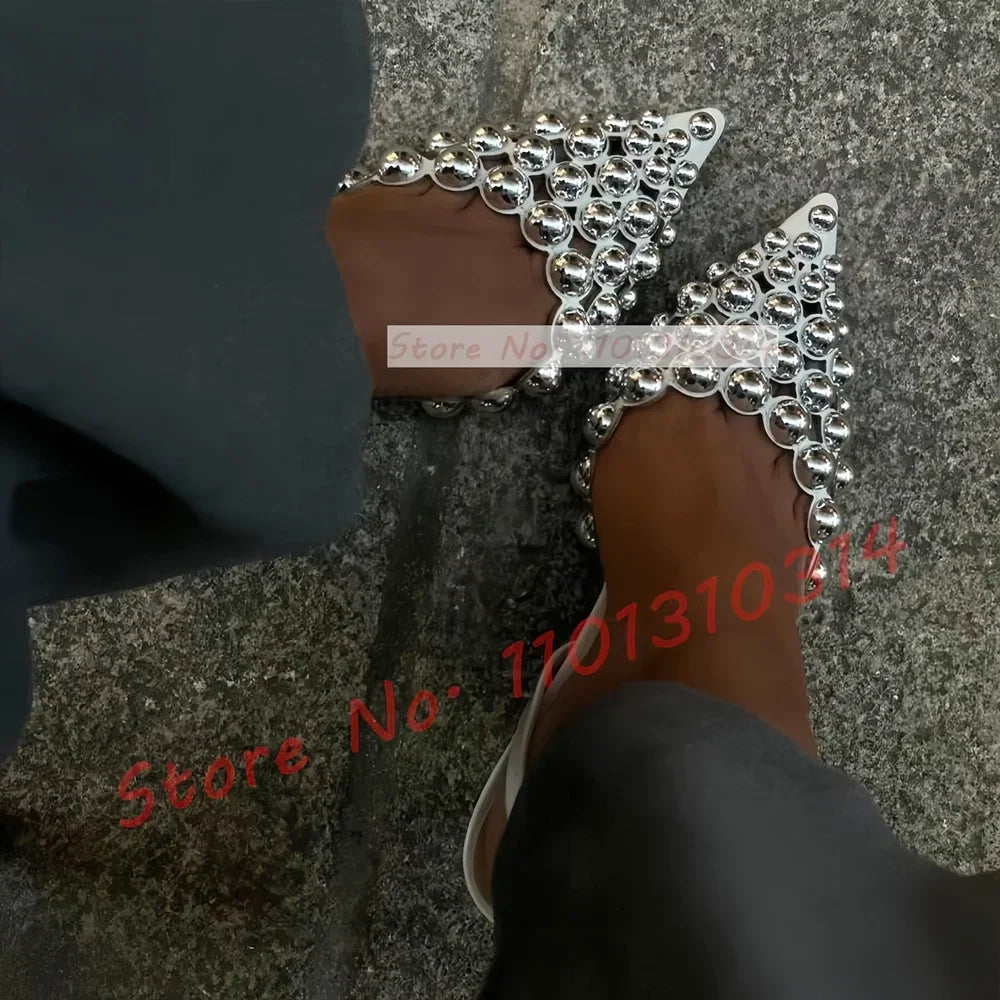 Sexy Pointed Toe Sandals With Metal Ball Spikes Women Bling Slingback Stiletto Sandals Ladies Summer Studded Buckle Straps Shoes