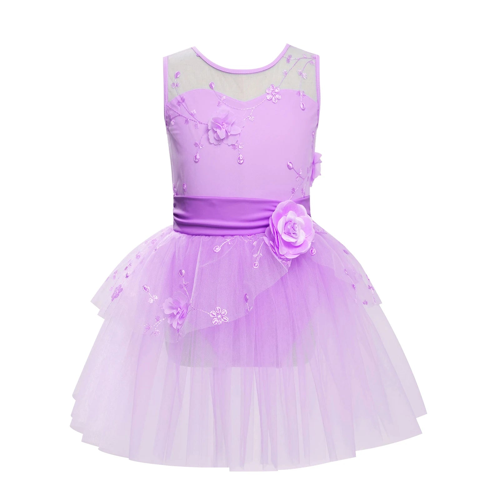 Kids Girls Ballet Dance Dress Ballerina Princess Costume Applique Embroidered Figure Skating Leotard Dress for Stage Performance