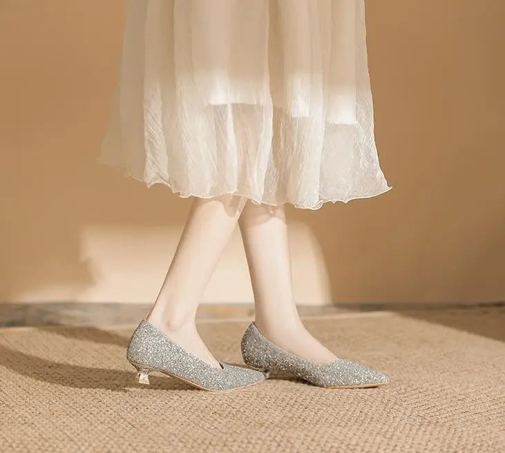 Size 34-41 Red Low Heels Women's Stiletto Heel Wedding Shoes Women Pointed Toe Fashion Sexy Elegant Bride Pumps Gold