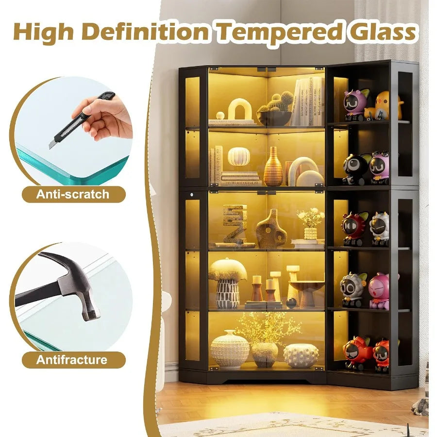 Corner display curio cabinet with glass doors and LED lights for collectibles storage in living room, black tempered glass and