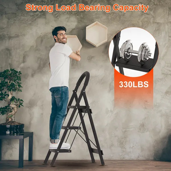 3-Step Foldable Ladder With Wide Anti-Slip Pedal Safety Locking Design