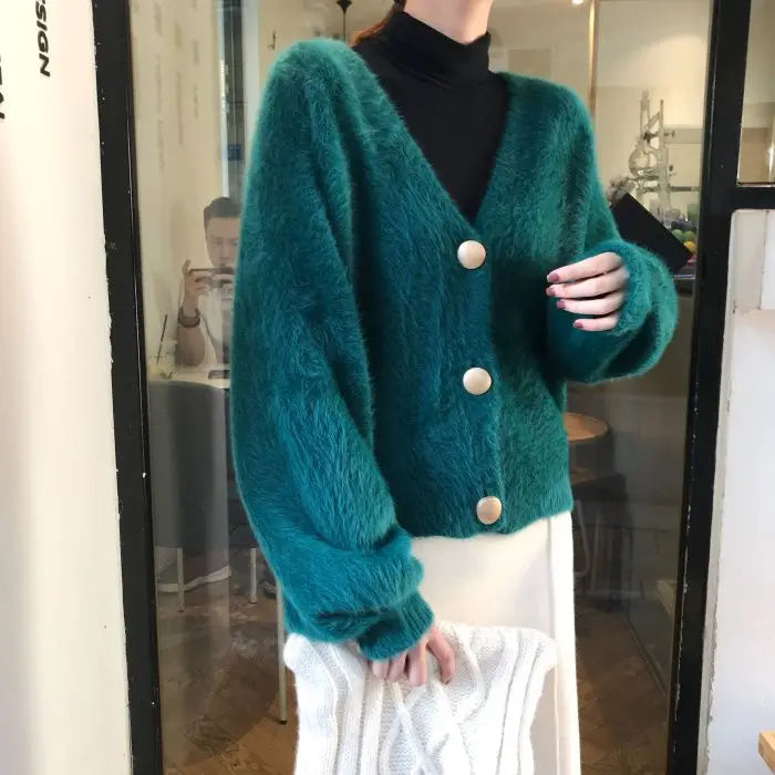 Women Autumnn New Chic Fashion Fluffy Soft Plush V-neck Knitted White Cardigan Sweater Coat Korean Fashion Tops Y2k