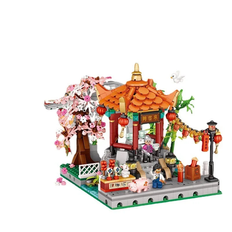 MOC LOZ small particle building blocks Jiangnan water town four corner Pavilion assembled toy gift