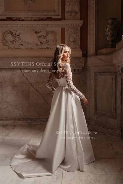 SSYTENS Elegant A Line Wedding Dresses White Appliques Bridal Gowns Illusion Long Sleeve Customized Corset Bride Dresses 2026