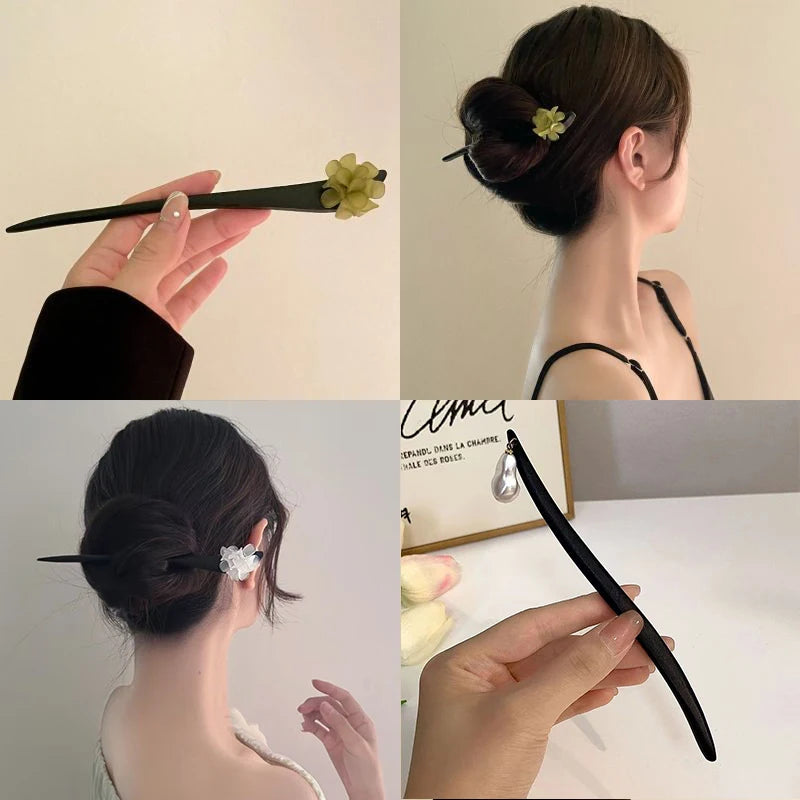 Vintage Chinese Style Wooden Flower Hair Sticks Pearl Hairpin Jewelry for Women Temperament Hair Accessories Wedding Styling Gif