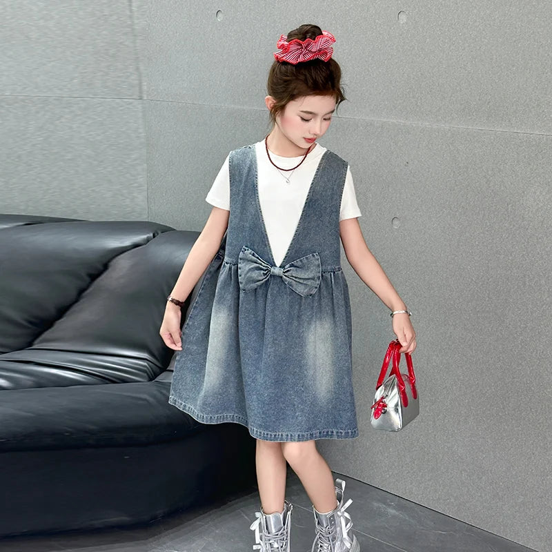 Kids Fashion Reversible Clothes Loose Fit Sleeveless Denim Vest Dress with Bow for Teens Girl Street Outfit Child Jeans Dress