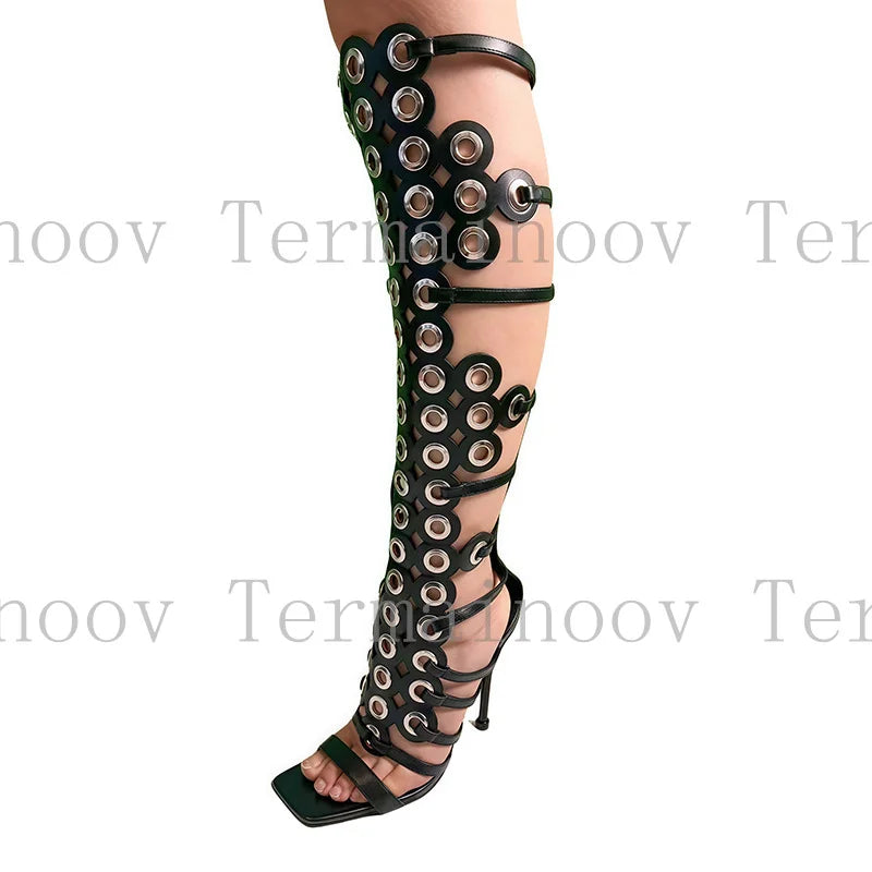 Sexy Women Knee High Sandals Stiletto Heel Cross Straps Round Buckle Decor Zipper Gladiator Heels Dress Party Shoes Hot