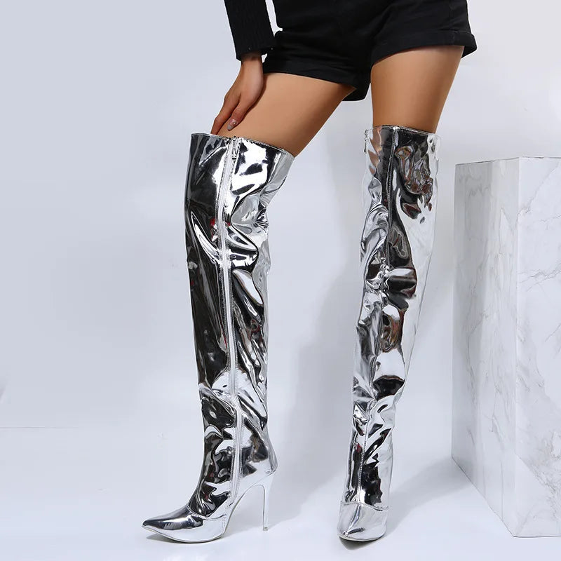 Sexy Silver Mirror Thigh High Boots Women T Show Pointy Toe Club Party Shoes Thin High Heels Over The Knee Long Boots For Women