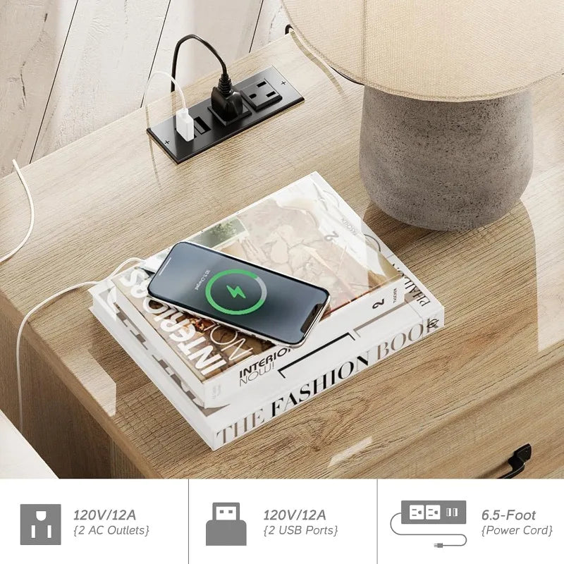 WAMPAT Nightstand Side Table with Charging Station, Light Wood End Table with 2 Drawers,Night Stand Bedside Table,Oak