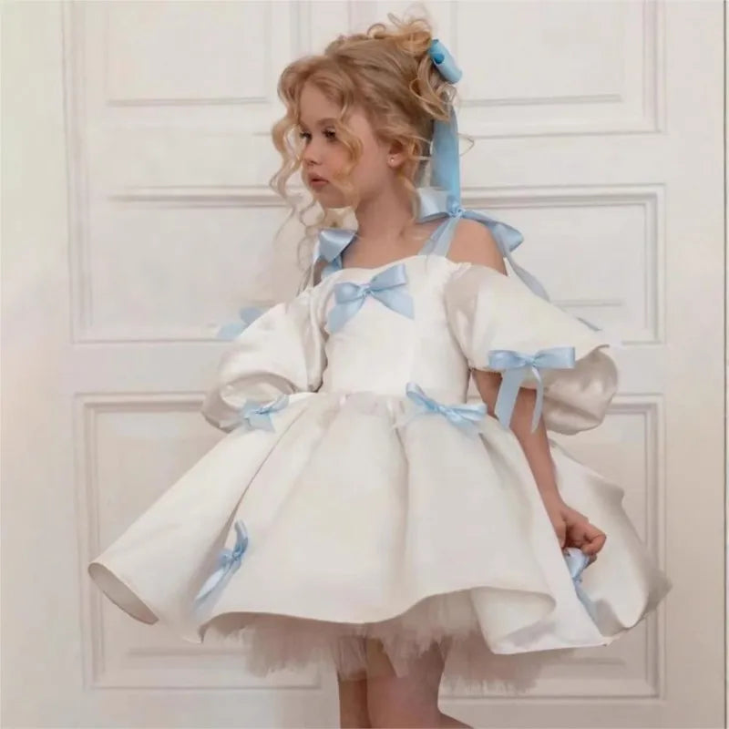 Baby Girl Princess Bow Strap Tutu Dress Infant Toddler Child Vestido Puff Sleeve Christmas Birthday Party Baby Clothes 2-14Y