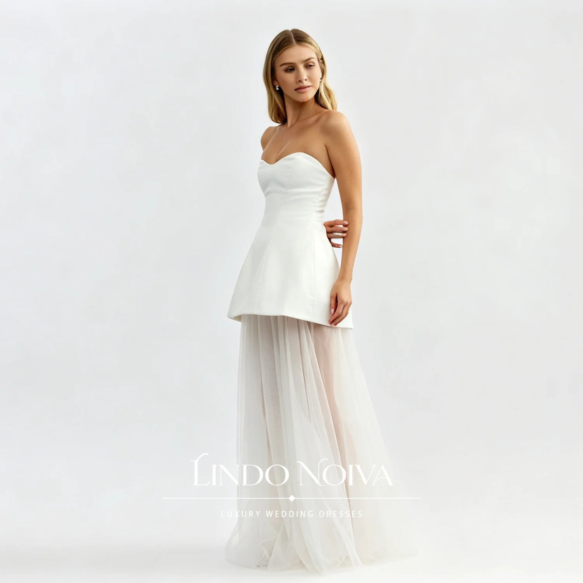 LINDO NOIVA Customized White Strapless Sweetheart Tulle Wedding Dress Sleeveless Modern Vestidos De Novia For City Hall Wedding