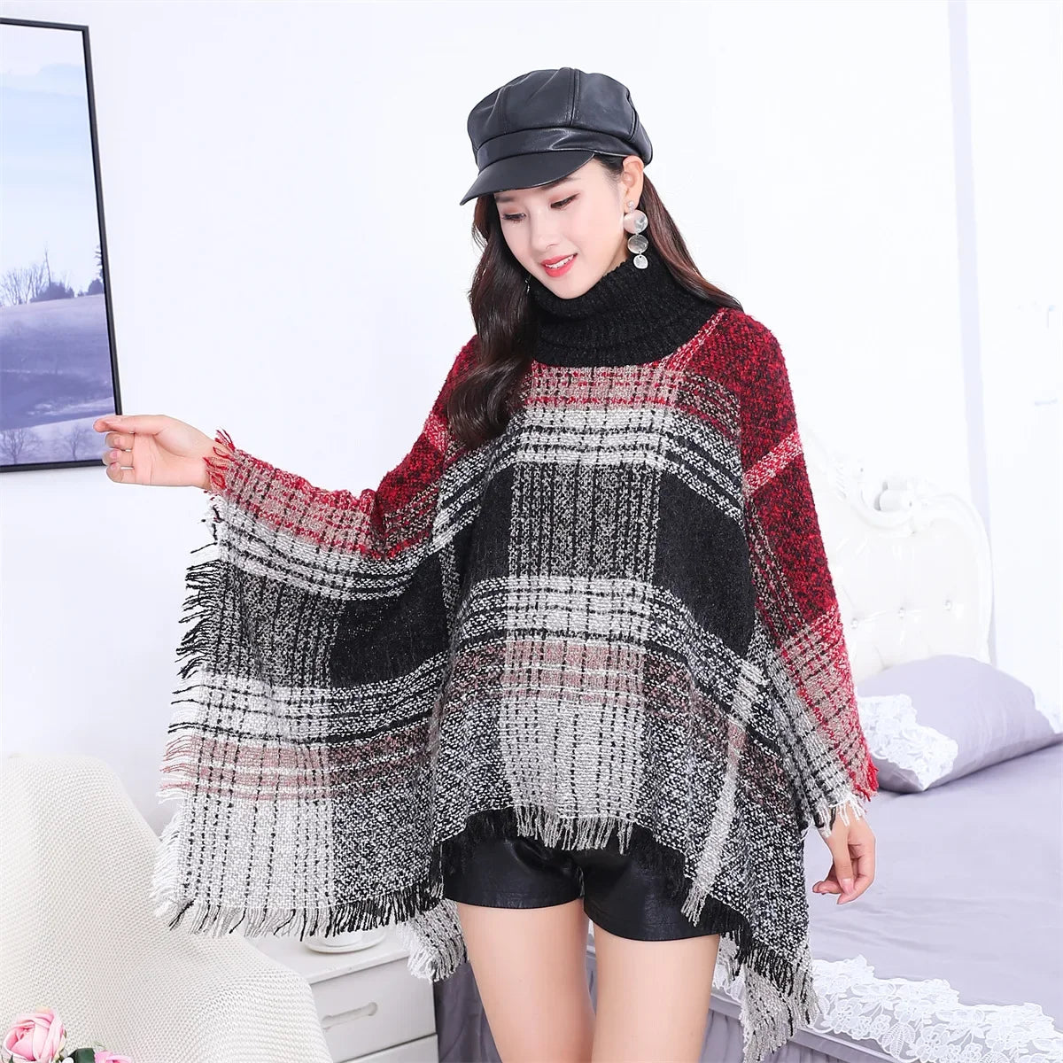 New Women Autumn Winter Striped Knitted Poncho Shawl Sweater Overcoat Streetwear Thick Warm High Neck Loose Knitwear Long Coat