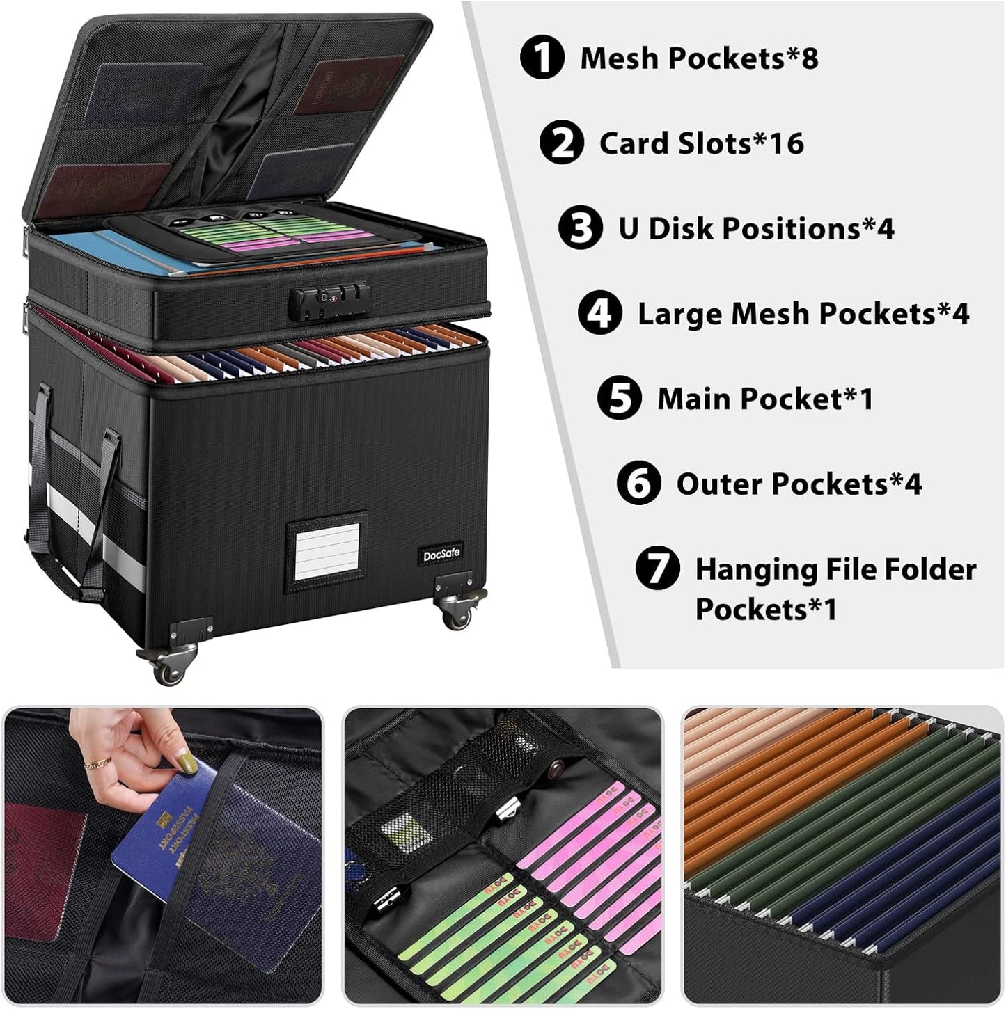 Fireproof File Box With Lock Wheels Rolling Portable