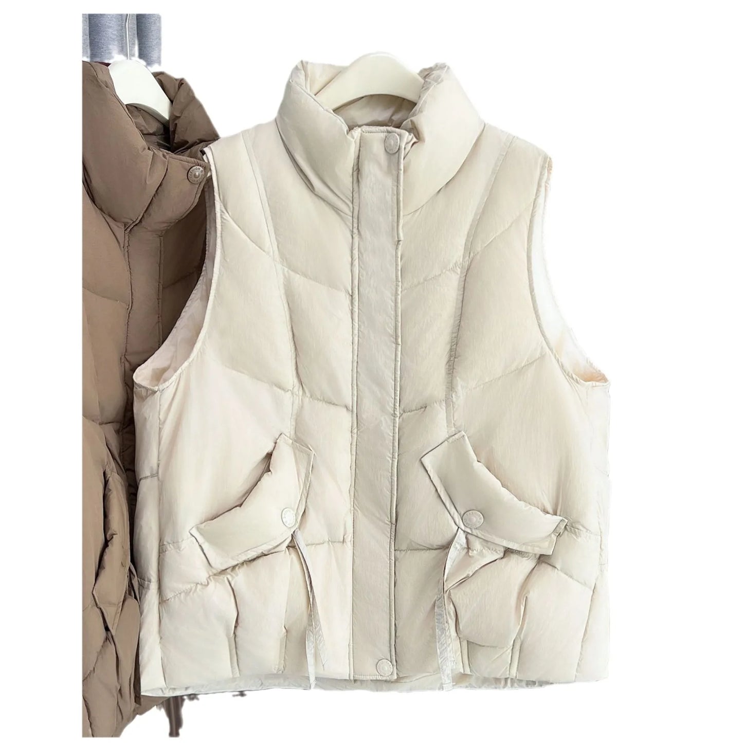 Plus Size Women Down Vest Winter New Loose Oblique Pocket Standing Collar 50% White Duck Down Warm Sleeveless Coat 1317