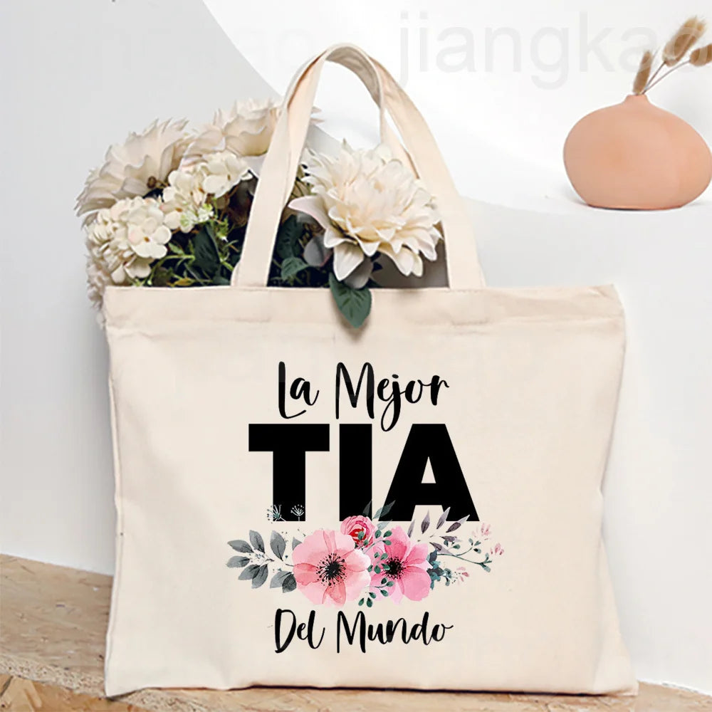 Best Aunt in The World Spanish Printed Tote Bag Women Shopping Bags Canvas Shoulder Bag Birthday Holiday Christmas Gift for Tia