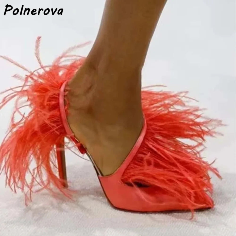 Satin Surround Feather Fringe Sandals Pointy Toe Solid Pointy Toe Stiletto Shoes Red Orange Black Summer Shallow Runway Shoes