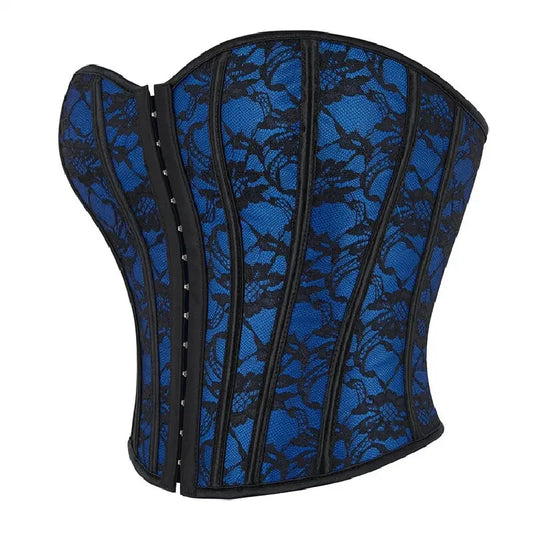 Blue Corset Crop Top Gothic Women Sexy Vintage Floral Overbust Bustier Lace Up Body Shaper Lingerie