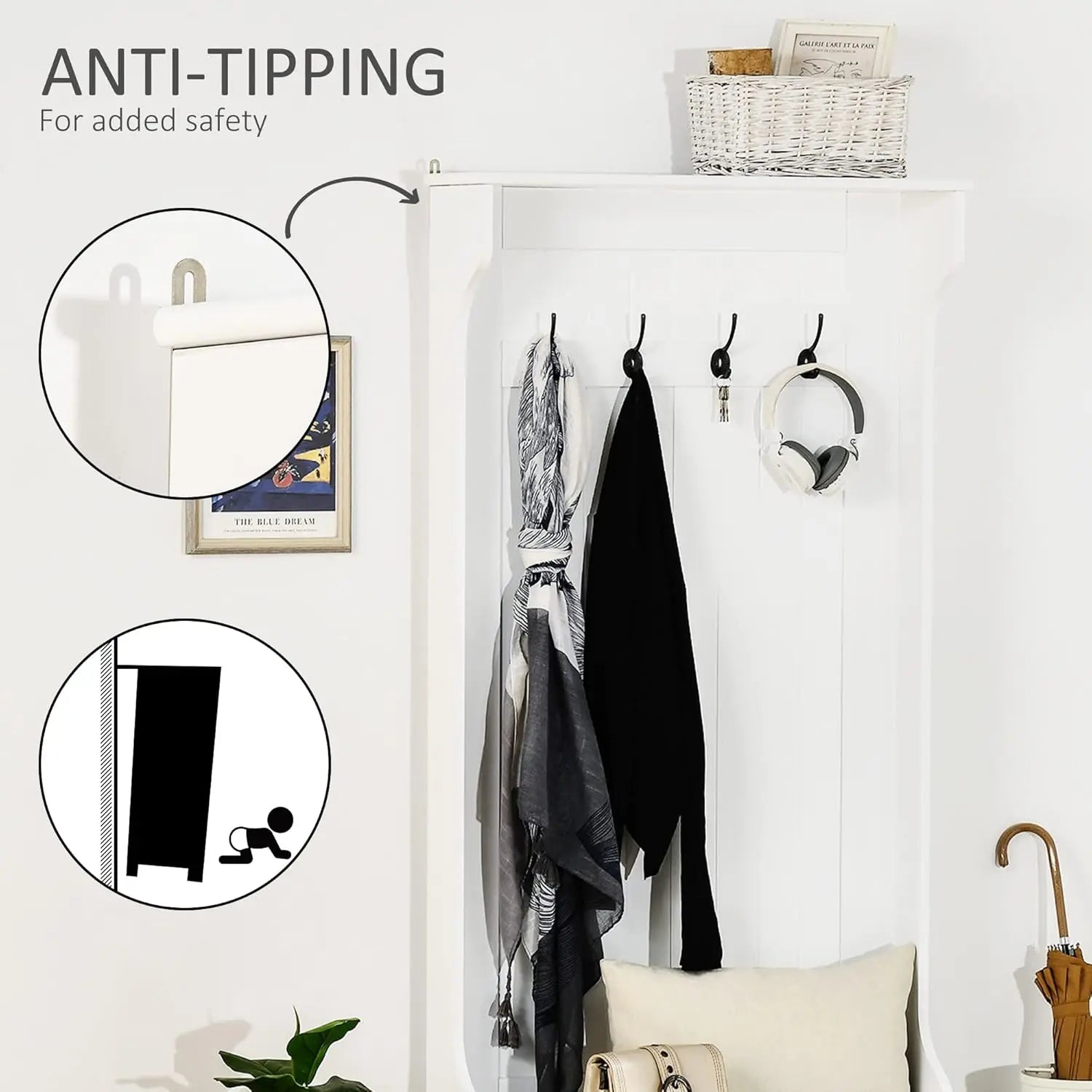 Hall Tree with Bench and Shoe Storage, 3-In-1 Entryway Bench with Coat Rack, 4 Hooks and Flip Top Storage Compartment, White