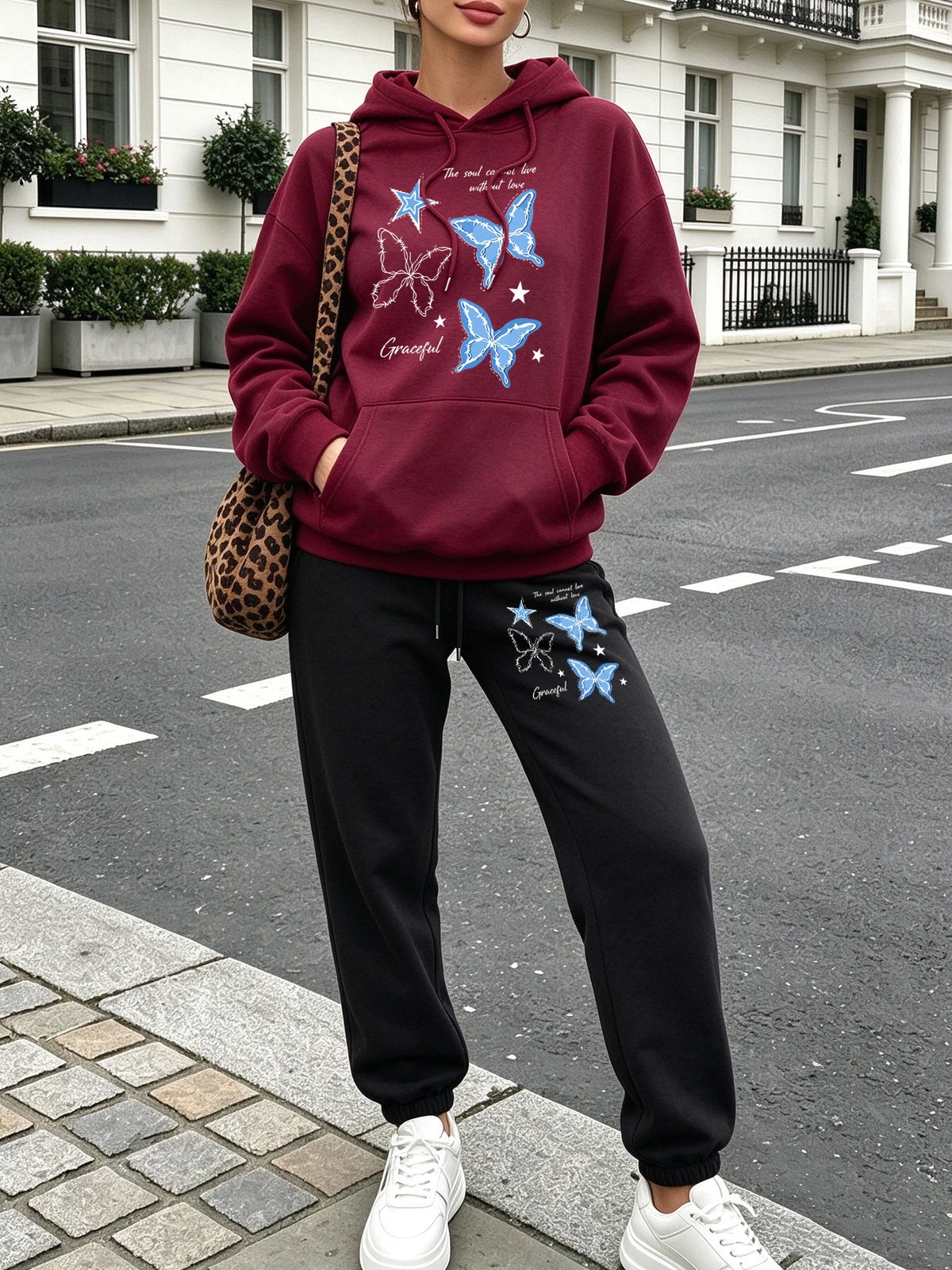 Blue Butterfly Star Printed Womens Pocket Jogging Hoodie Set Street Loose Sweatpants Fleece Casual Clothing Sports Pullover