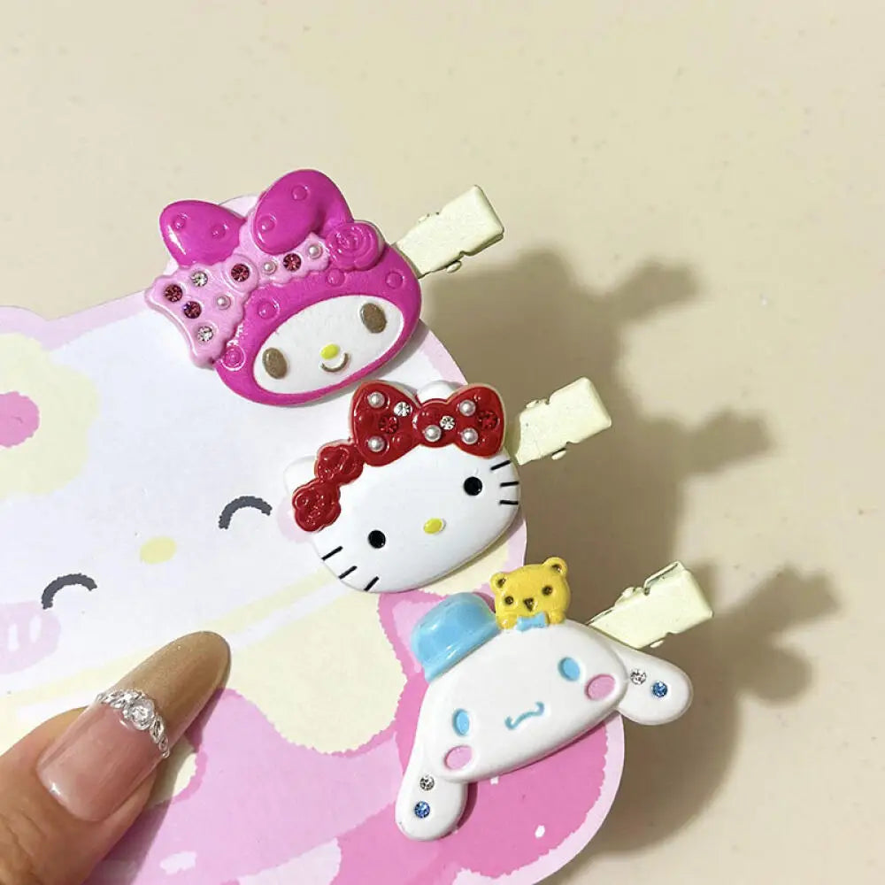 Sanrio Hello Kitty Hair Clips Shiny Pink Crystal My Melody Kuromi Women Hairs Accessories Sweet Girls Headdress Bangs Clip Gift