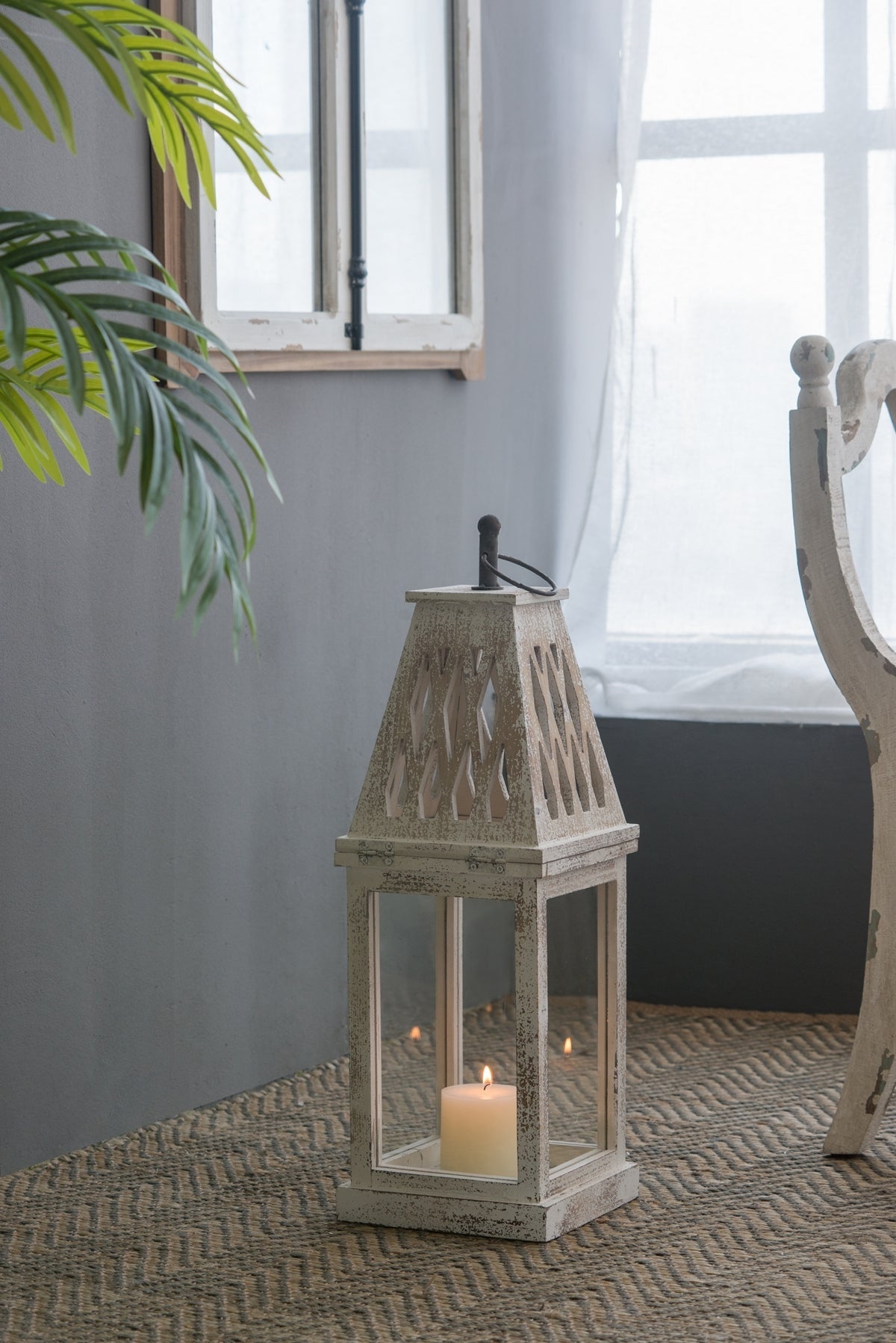 Set of 2 Rustic White French Country Wood & Glass Lanterns