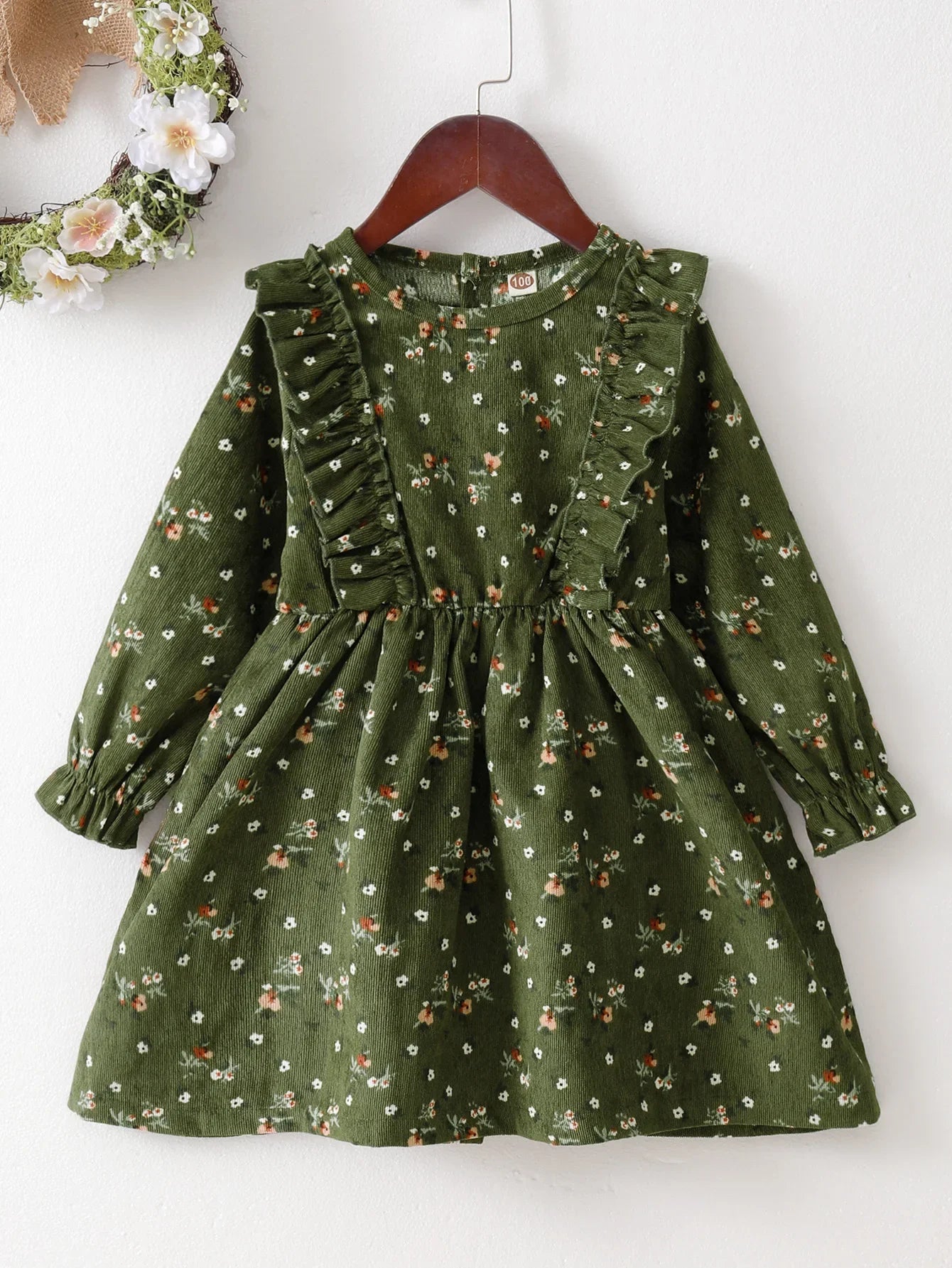 Kids Girls'Green Floral Corduroy Long Sleeved Dress Baby Girl Party Princess Dress For 1-6 Years Fashion Winter Autumn Clothes