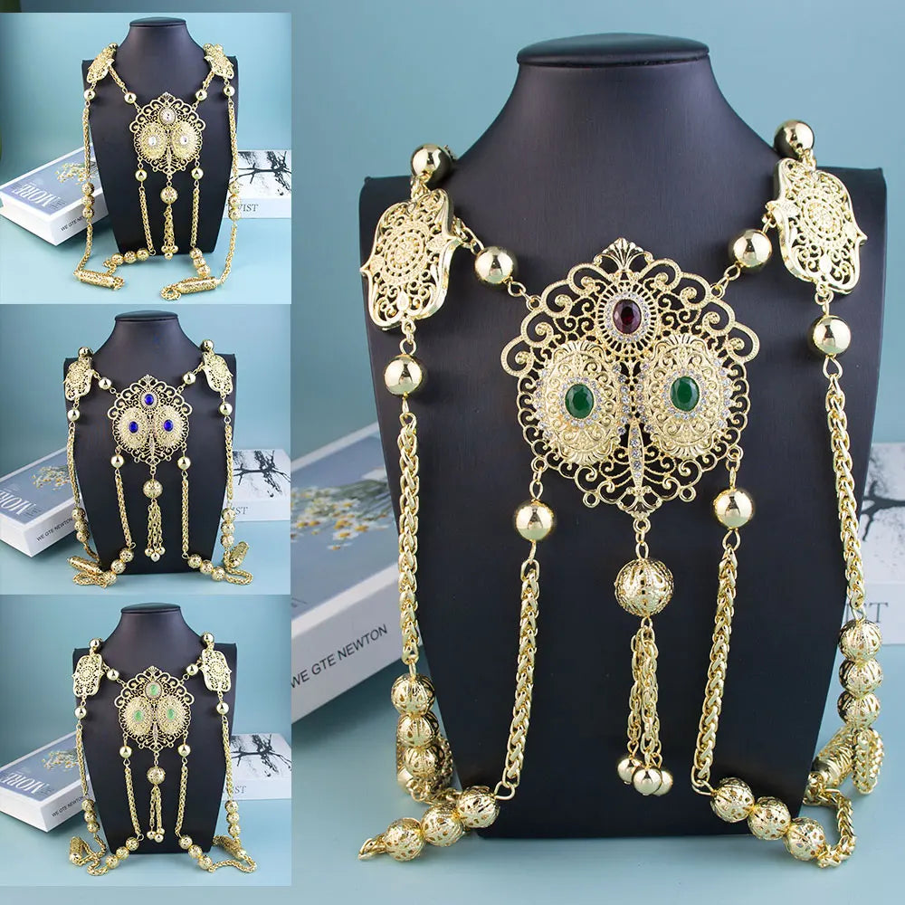 Sunspicems Chic Moroccan Bride Body Jewelery Algeria Women Back Shoulder Chain Gold Color Arabic Wedding Jewelry Long Necklace