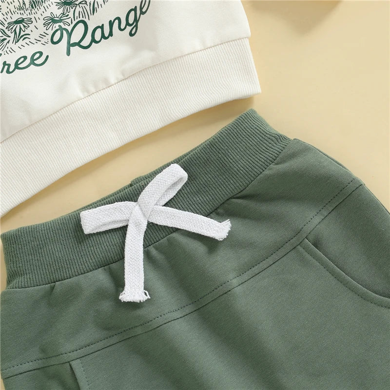 Toddler Baby Boys Fall Clothes Set Kid and Chicken Print Long Sleeve Pullover Sweatshirt Bow Pants 2 Pcs Outfits