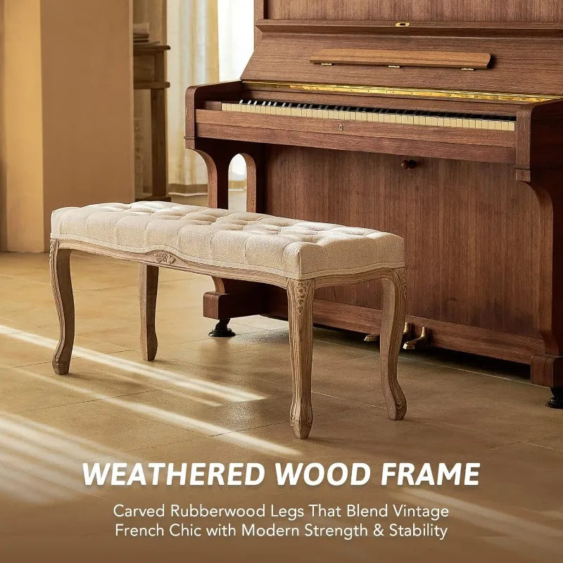 VONLUCE Vintage Dining Bench with Padded Seat&Rubberwood Legs,44" Memory Foam Upholstered Entryway Bench,Tufted Fabric End Beige