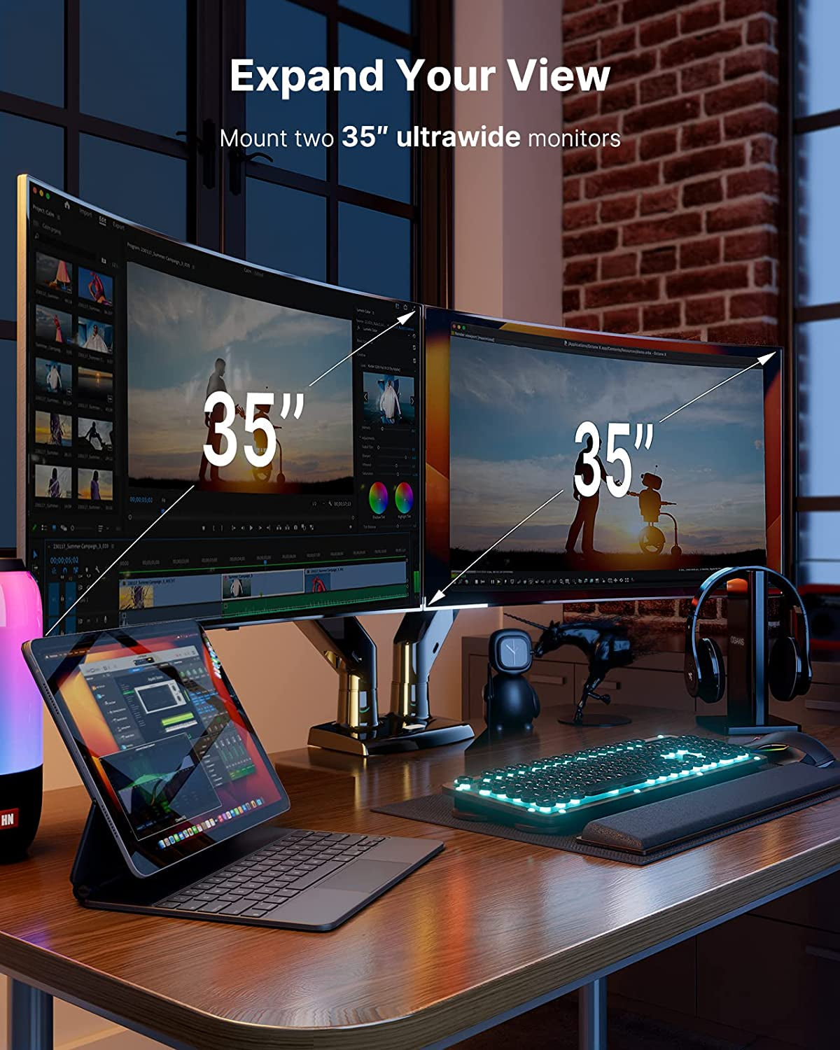 Dual Monitor Stand With USB Port Height Adjustable Arms