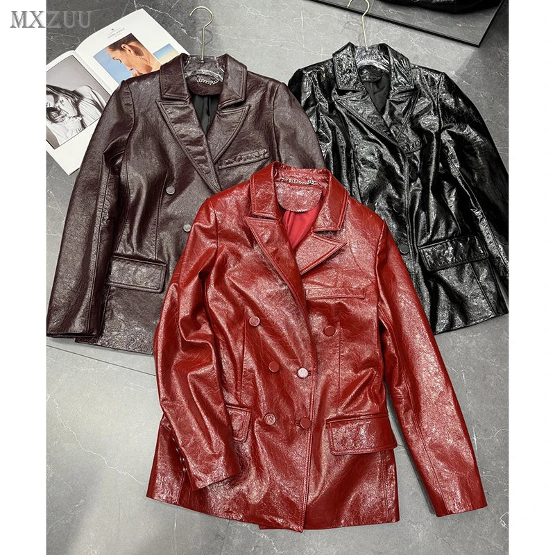 Women's Genuine Leather Sheepskin Coats Autumn Lapel Two Buttons Burgundy Long Loose High-Grade Waxed Goatskin Suit Jacket Lady