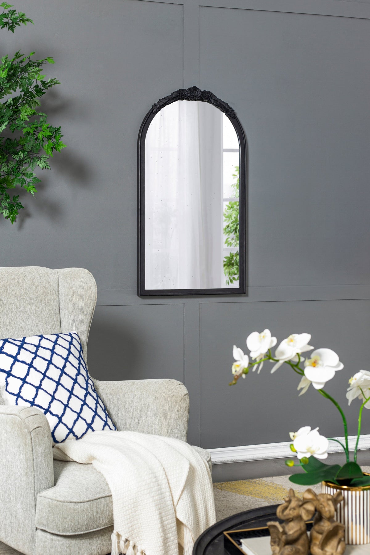 Hand-Carved Rose Arched Wall Mirror, Available in 2 Colors