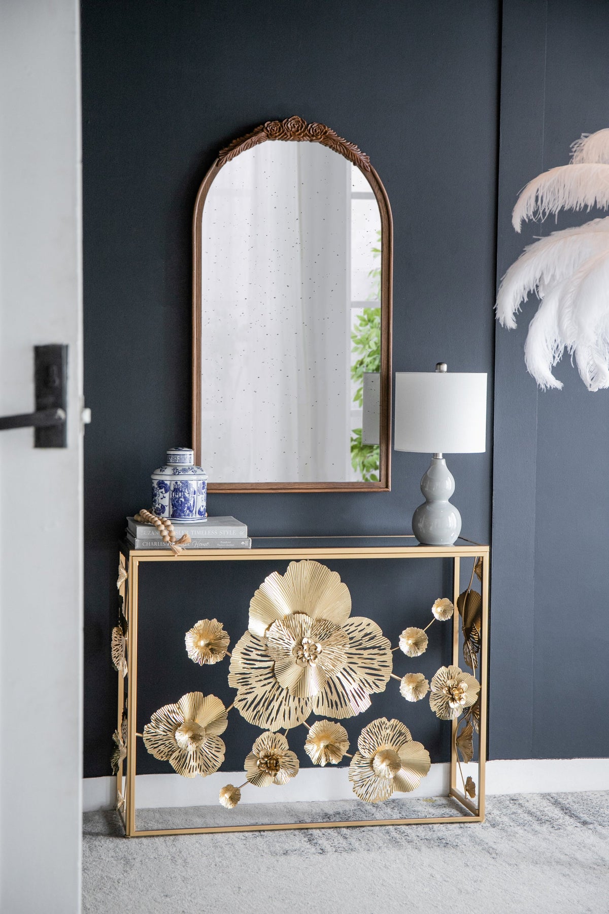 Hand-Carved Rose Arched Wall Mirror, Available in 2 Colors