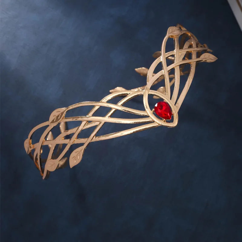 Luxury Tiaras Headbands for Women Leaf Crystal Crown Goddess Cosplay Forehead Round Elves Crowns Bridal Hair Accessories