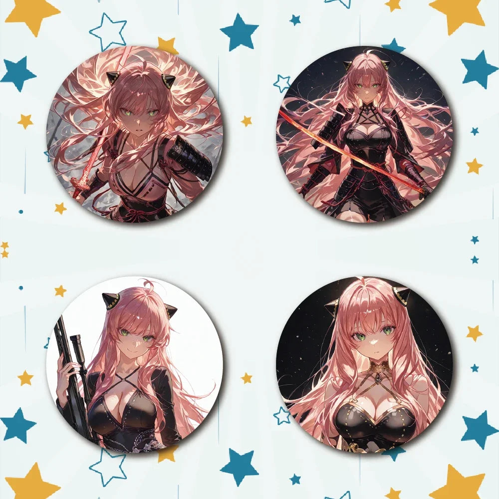 58mm Sparkling Pink Hair Girl Collector's Metal Pin Tinplate Badge with Glass Glitter Film Refrigerator Magnet Mirror Keychain