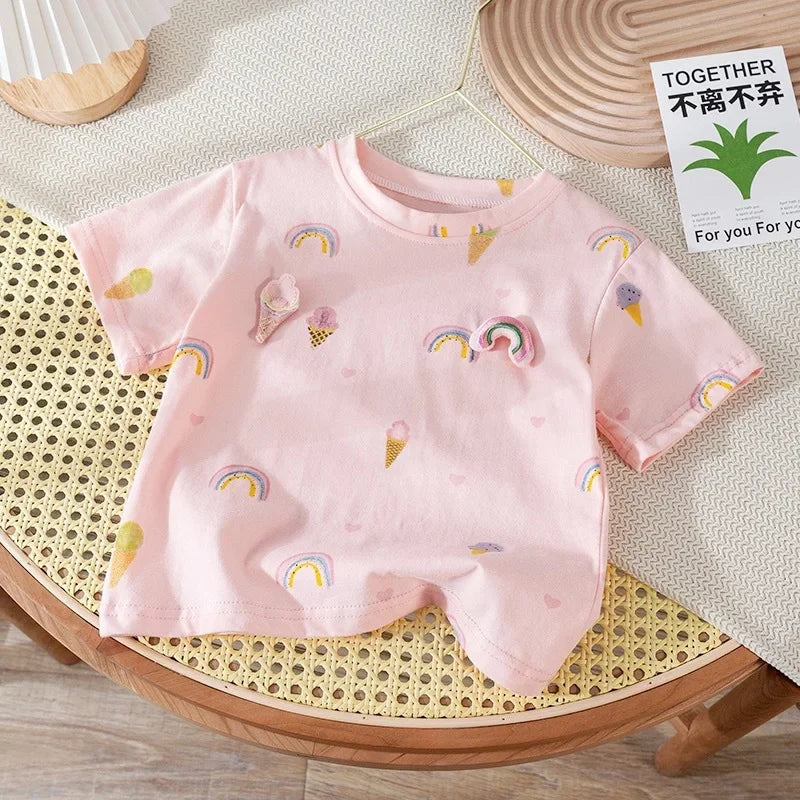 (Children's Clothing Girls Short-sleeved Summer Cotton Cute Baby Girl Stylish Flower Children's T-shirt Clothes