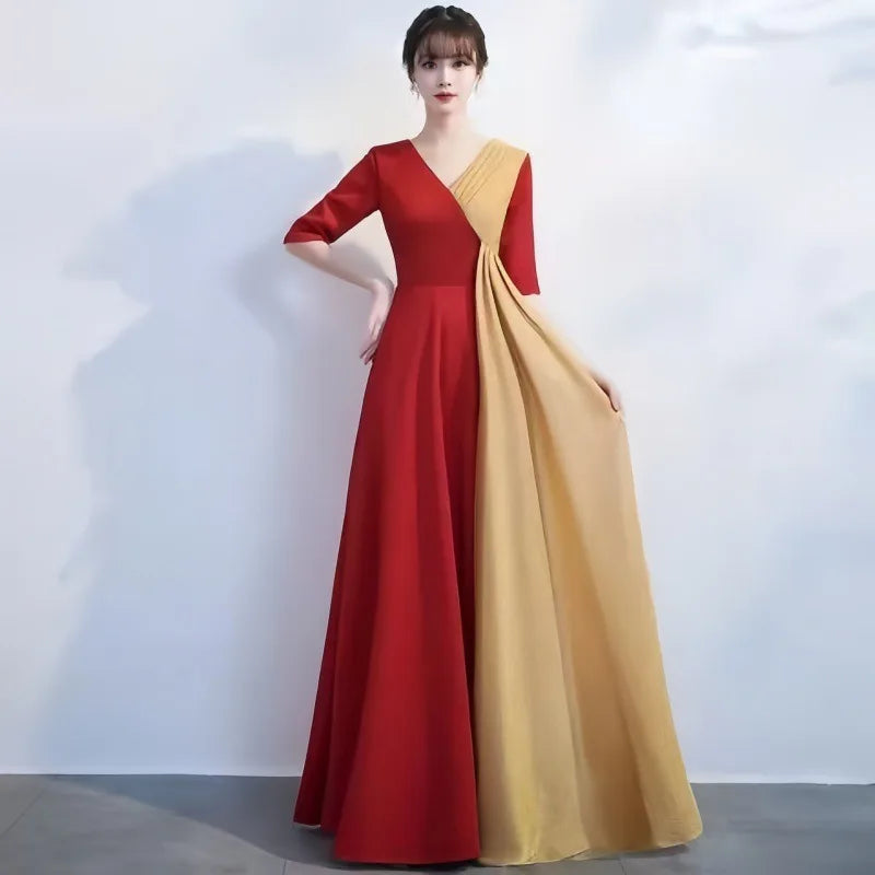 Cantata Evening Dress V-neck Folded A-line Half Sleeve Zipper Rear Bottom Long Women's Formal Party Dress