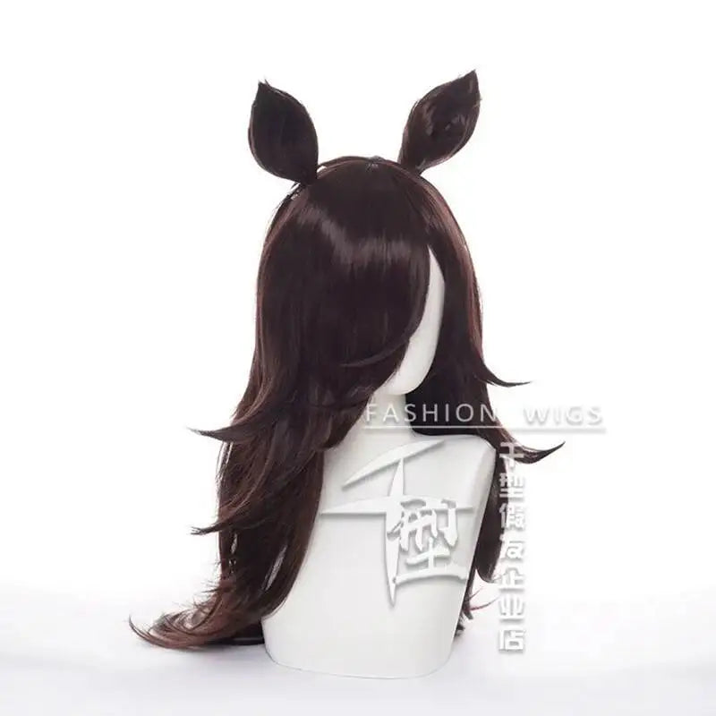 Umamusume Pretty Derby Rice Shower Wig With Ears Cosplay Costume Heat Resistant Synthetic Hair Women Dark Brown Long Wigs