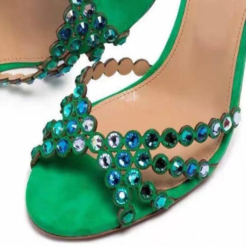 Big Size43 Crystal Embellshed High Heel Sandals Green Purple Suede Ankle Strap Dress Shoes Cutouts Celebrating Dress Shoes